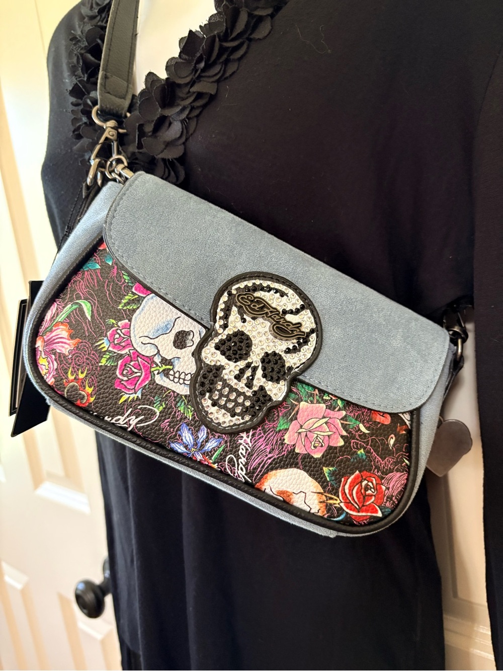 2pcEd Hardy, NWT, Skull Floral Crossbody Bag in Light Blue and Black, w/ID holde